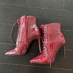 Burgundy Croc-Embossed Lace-Up Pointed Stiletto Booties